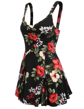 

Black Sleeveless Floral Print Shirring Slim Fit Dress, Multicolor