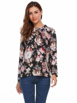 

Black Women Casual O-Neck Long Sleeve Prints Loose Chiffon Shirt Blouse, Multicolor