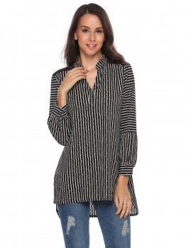 

Black V-Neck Long Sleeve Lace Patchwork Striped Loose Blouse, Multicolor