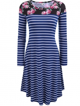 

Blue Floral Print Striped Long Sleeve Flared A-Line Dress, Multicolor