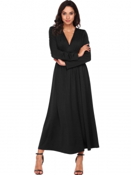 

Black Long Sleeve Solid V Neck Pullover Ruched Front High Waist Maxi Evening Dress, Multicolor