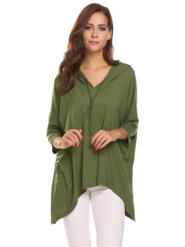 

Army green Women Casual Drawstring Hooded Batwing Sleeve Asymmetrical Hem Sexy Blouse Casual Tops, Multicolor