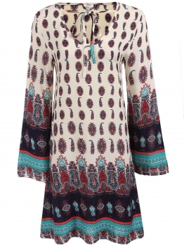 

Beige Drawstring V-Neck Flare Long Sleeve Prints Loose Dress, Multicolor