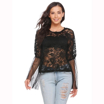 

Black Women Flare Sleeve Floral Lace Cover-up Loose Beach Casual T-shirt, Multicolor