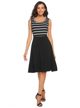 

Black Sleeveless Striped Patchwork Fit and Flare Dress, Multicolor