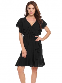 

Black V-Neck Short Sleeve Solid Cascading Ruffles Dress, Multicolor