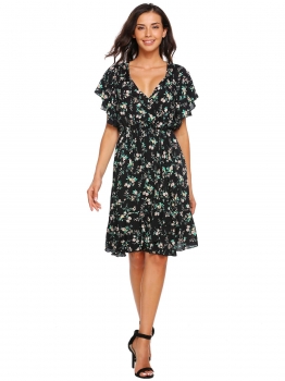

Black Ruffles Sleeve Floral Short Dress, Multicolor