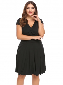 

Black Plus Size V-Neck Cap Sleeve Ruched Waist Dress, Multicolor