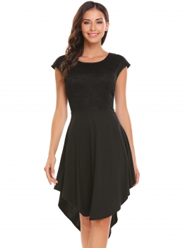 

Black O-Neck Sleeveless Lace Patchwork Asymmetric A-Line Formal Dress, Multicolor