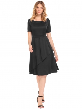 

Black Women High Waist Round Neck Short Sleeve Ruffles Solid Slim Dress, Multicolor