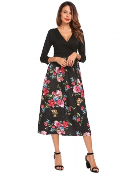 

Black Long Sleeve High Waist Print Patchwork Wrap V Neck Maxi Casual Dress, Multicolor