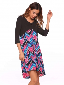 

Black O-Neck 3"4 Sleeve Patchwork Loose Dress, Multicolor