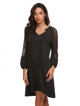 

Black V-Neck Long Lantern Sleeve Knee Length Tie Patchwork Hollow Out Casual Loose Dress, Multicolor