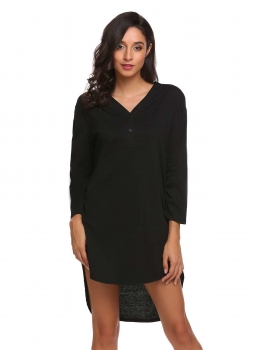 

Black O-Neck Long Sleeve Knee Length Solid Pullover Loose Button Casual Dress, Multicolor