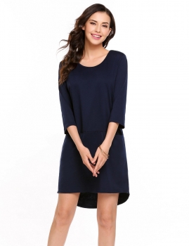 

Navy blue O-Neck 3"4 Sleeve Solid Pocket Pullover Loose Dress, Multicolor