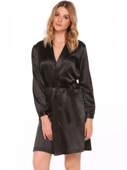 

Black Surplice Neck Satin Self-Tie Belt Dress, Multicolor