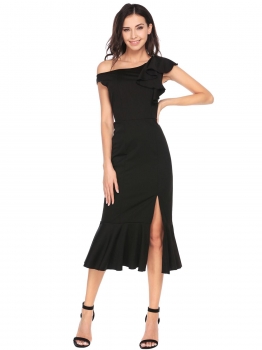 

Black One Shoulder Ruffles Split Peplum Hem Bodycon Dress, Multicolor