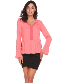 

Rose Pink Women Flare Sleeve V-neck Solid Lace Decor Loose Casual Tops, Multicolor