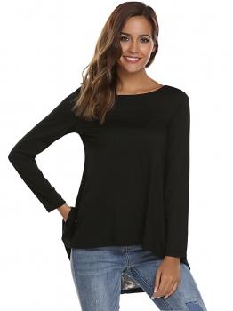 

Black O-Neck Long Sleeve Back Floral Patchwork Asymmetrical Tops, Multicolor