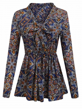 

Blue Tie-Neck Long Sleeve Pullover Floral High Waist Blouse, Multicolor