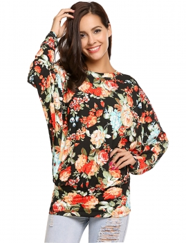 

Black Vintage Style Round Neck Batwing Long Sleeve Floral Tops, Multicolor