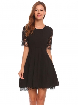 

Black O-Neck Half Sleeve Lace A-Line Pleated Dress, Multicolor