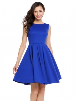 

Blue Solid O-Neck Sleeveless A-Line Pleated Dress, Multicolor