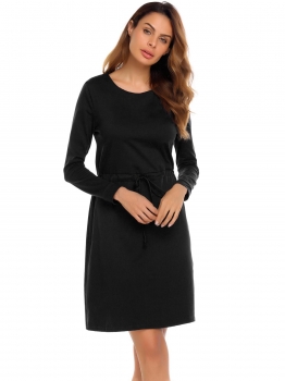 

Black Long Sleeve Solid Drawstring Waist Casual Dress, Multicolor