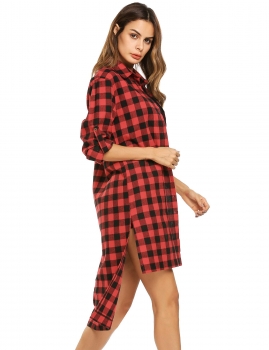 

Red Roll Up Sleeve Split High Low Hem Plaid Shirt Dress, Multicolor