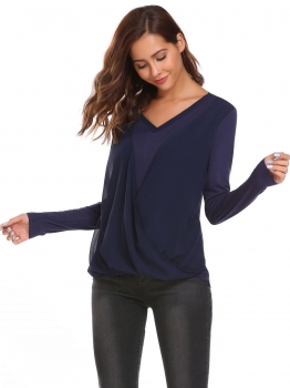 

Navy blue Solid Sleeve V-neck Cross Draped Loose Tops, Multicolor
