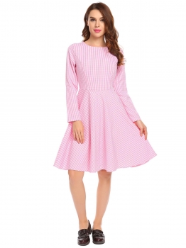 

Pink Casual O-Neck Long Sleeve Plaid Swing Dress, Multicolor