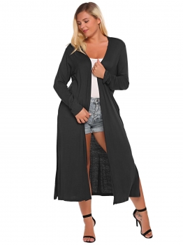 

Black Plus Size Long Sleeve Solid Open Front Side Split Long Cardigan, Multicolor