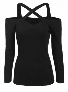 

Black Solid Front Cross Straps Slim Fit Stretchy Tops, Multicolor