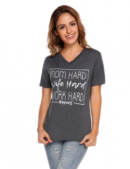 

Grey Short Sleeve V-neck Print Letter Loose T-shirt, Multicolor