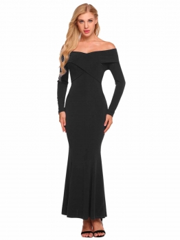 

Black Off The Shoulder Long Sleeve Cross Front Fishtail Maxi Dress, Multicolor