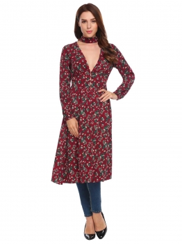 

Multi-color1 V-Neck Long Sleeve Prints Jacket with Scarf, Multicolor