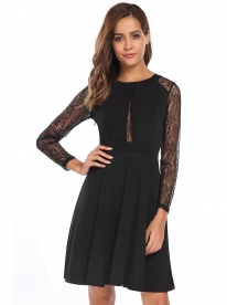 black turn down collar keyole fit and flare velvet dress