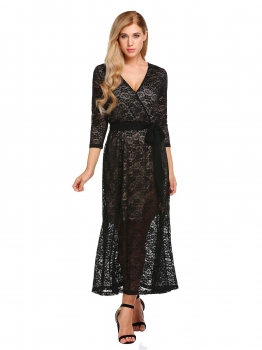 

Black Deep V-neck 3"4 Sleeve Lace Split Dress with Belt, Multicolor