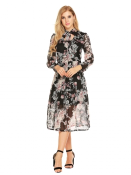 

Black Women Vintage Long Puff Sleeve Chiffon Floral Lace-up Dress, Multicolor