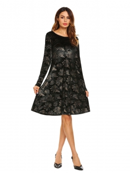 

Black Vintage Long Sleeve Velvet Floral Large Swing Pleated Dress, Multicolor