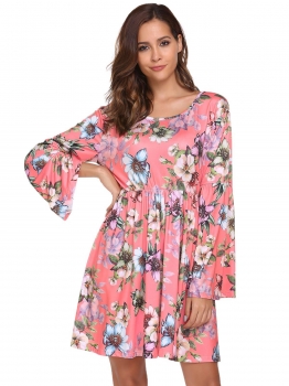 

Pink Flare Sleeve Print Backless Shift Dress, Multicolor