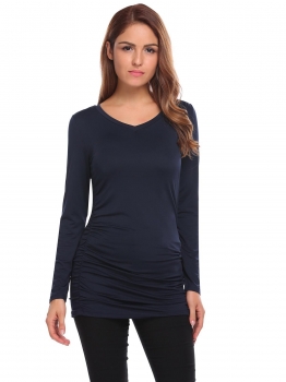 

Blue V-Neck Long Sleeve Solid Ruched Tops, Multicolor