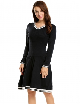 

Black Casual V-Neck Long Sleeve Patchwork A-Line Pleated Dress, Multicolor