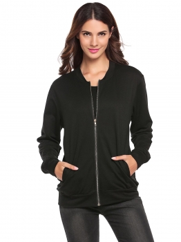 

Black Long Sleeve Solid Zip-up Bomber Jacket, Multicolor