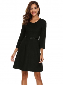 

Black A-line Vintage 3"4 Sleeve Knee Length Business Work Dress with Belt, Multicolor