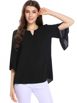 

Black Split Petal Sleeve Notched Collar Solid Loose Chiffon Blouse, Multicolor