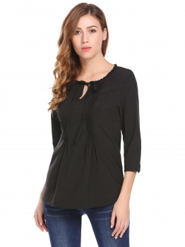 

Black Women Casual Lace Up O-Neck 3"4 Sleeve Ruffle Regular Fit Sexy Shirt Blouse Tops, Multicolor