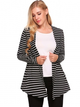 

Black Open Front Long Sleeve Striped Asymmetrical Hem Cardigan, Multicolor