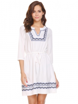 

White Women V-Neck 3"4 Sleeve Drawstring Waist Print Pullover Casual Dress, Multicolor