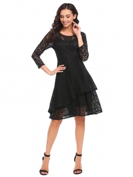 

Black Women Casual O Neck 3"4 Sleeve Lace Hollow Out Double Ruffles Hem Pleated Dress, Multicolor